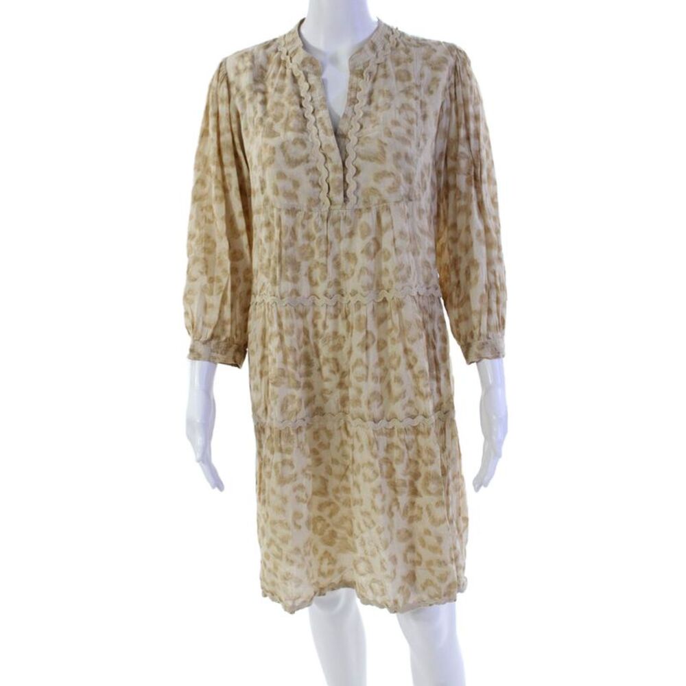 Lola Australia Womens 3/4 Sleeve V Neck Ric Rac Trim Leopard Dress Beige Size XS